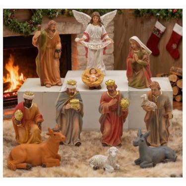 Imagem de Conjunto de presépio de Natal - Conjunto de presépio de 11 peças para decorações internas de Natal com o bebê Jesus, presépio de resina para presépio de mesa para decoração de Natal e capela de casa