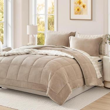 Imagem de AMBERSPACE Conjunto de edredom de pelúcia de casal em uma bolsa, 7 peças, conjunto de edredom de flanela cinza-acastanhado claro com lençóis, lençol macio e quente, com edredom, lençol de cima e