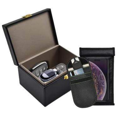 Imagem de Conjunto de caixa Faraday e capas com bloqueio de RFID – bolsas antifurto com bloqueio de sinal para chaves de telefone/carro, design elegante preto e dourado, tecnologia de proteção de nível militar