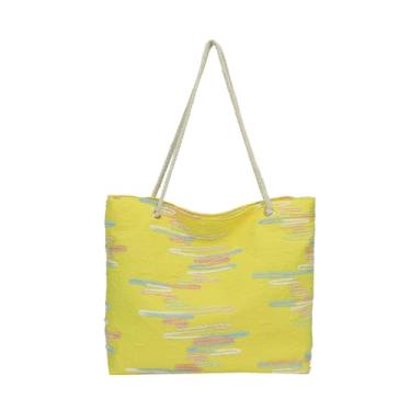 Imagem de Bolsa de praia feminina grande de lona, bolsa tiracolo de ombro único com cordão, colorida, grande capacidade, bordada, bolsa transversal, Amarelo, 11.8 x 2.75 x 7.87 inches