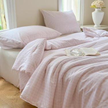 Imagem de NSNLGSGC Conjunto de edredom solteiro de algodão guingão rosa, 100% algodão lavado, xadrez, 2 peças vintage de fazenda (guingão rosa, solteiro)