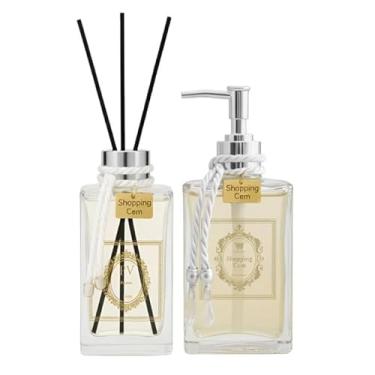 Imagem de Kit Luxo para Banheiro Porta Sabonete Líquido + Difusor de Varetas em Vidro 250ml Válvula Metalizada Prata Dourado ou Rosé - Shopping Cem (Prata)