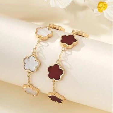 Imagem de Conjunto de 2 pulseiras florais da sorte para mulheres, design elegante de elos de corrente de flores, joias charmosas e atemporais, ótimo para uso diário e eventos especiais, Adjustable, Liga