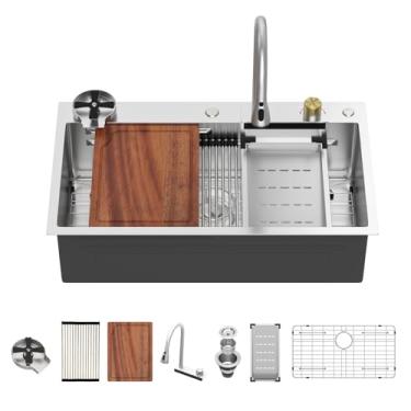 Imagem de Pia de cozinha em cascata de 83 cm - Beslend 83 x 48 cm, pia em cascata, pias inteligentes, aço inoxidável, calibre 16, tigela única, lavatório único com combinação de torneira