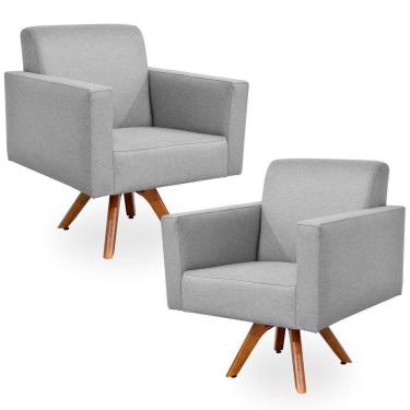 Imagem de Kit 02 Poltronas Decorativas Giratória Sala Estar Base Madeira Helô Linho Cinza Escuro