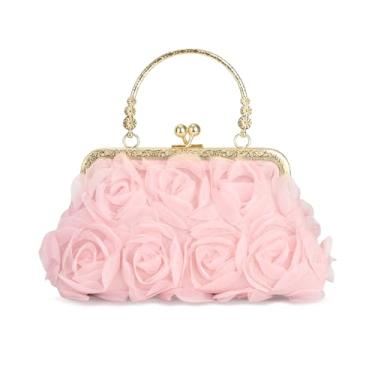 Imagem de Nefokfdus Bolsa feminina de renda floral 3D para noite bolsa de ombro com alça de corrente para casamento, festa, formatura, rosa