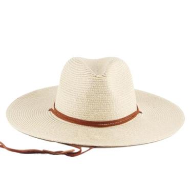 Imagem de Chapéu feminino de praia de palha de verão chapéus de sol panamá chapéus balde Fedora para mulheres verão praia chapéu UV bege M 56-58 cm