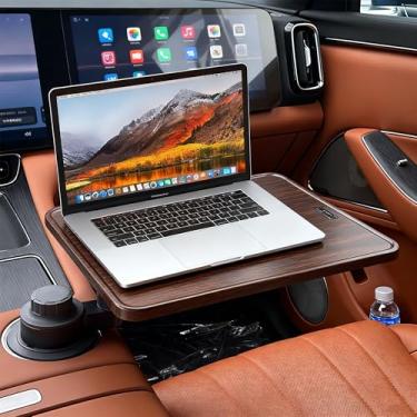 Imagem de HZGAMER Mesa giratória de copo de madeira de 360° para laptop, bandejas de carro compatíveis com Tesla Model Y/3/S, Ford F150/Explorer/Maverick e a maioria dos veículos