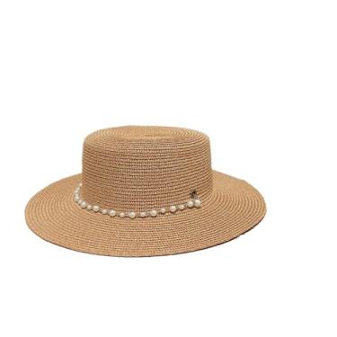 Imagem de Chapéus de sol femininos de palha de verão panamá elegantes Fedoras de palha para férias ao ar livre chapéu de praia cáqui M56 cm-58 cm