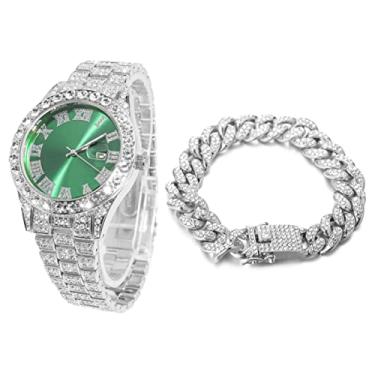 Imagem de Halukakah Relógio de diamante masculino - The Royal - banhado a ouro real 18 K banhado a ouro branco e diamantes monofone gelados, pulseira com mostrador verde/azul/vermelho de 42 mm de largura