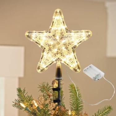 Imagem de Topo de árvore de Natal com luzes de estrela, decorações de Natal com luzes cintilantes de LED, clipes de suporte em árvores reais artificiais, ornamentos prateados de ano novo, alimentados por