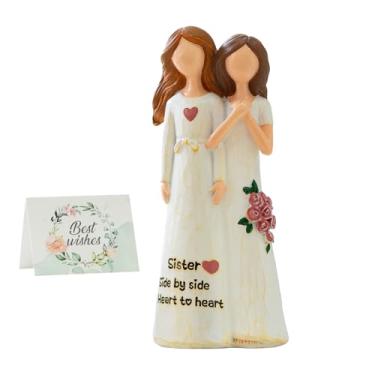Imagem de Sisters Side by Side Estatueta decorativa de coração a coração, escultura de resina branca com rosas rosa (branca)
