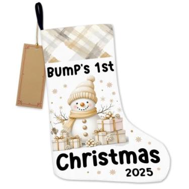 Imagem de RNYJJ Meias douradas de Natal de boneco de neve para a nova mamãe, novo pai, presente de anúncio de gravidez, primeira meia de Natal para bebês, meia de Natal de serapilheira de boneco de neve para