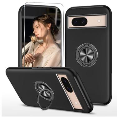 Imagem de HAONANDE Capa com suporte para Google Pixel 8, capa protetora militar à prova de choque resistente à prova de choque com suporte de anel magnético de rotação de 360°, 1 protetor de tela, preta