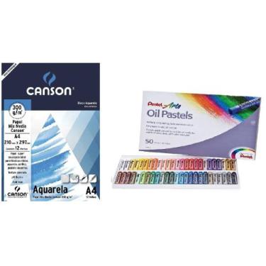 Imagem de Kit papel canson aquarela e giz de cera pentel oil pastel 50 cores