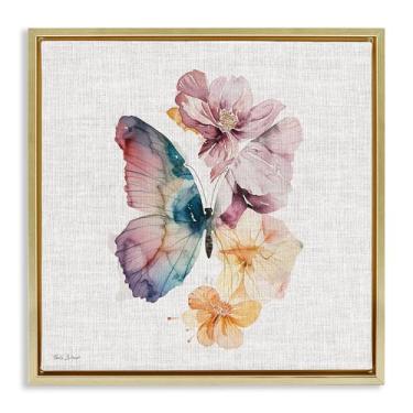 Imagem de Stupell Industries Arte de parede em tela flutuante com moldura dourada de borboleta Emerging Beauty, design de Nicole DeCamp, 45,7 x 45,7 cm