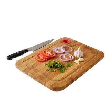 Imagem de Tábua De Corte Retangular Bambu Com Alça Em Silicone Gourmet Churrasco Legumes Cozinha Petisqueira(G- 37,5cm X 27cm)