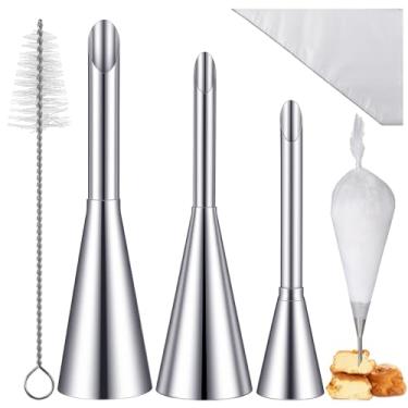 Imagem de 3 peças de pontas de enchimento de creme folhado com 50 peças de sacos de confeitar descartáveis pontas de bocal de aço inoxidável com 1 escova de limpeza de ponta para enchimento de massa folhada