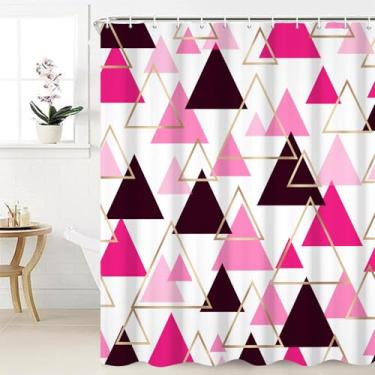 Imagem de Umpoo Cortina de chuveiro rosa profundo para banheiro, rosa-choque e padrão triângulo dourado cortinas de chuveiro moderna arte geométrica abstrata tecido impermeável conjuntos de cortina de banho
