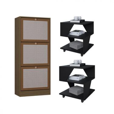 Imagem de Kit Sapateira Spin Tropical 3 Portas E 2 Mesas De Cabeceira Preto-carvalho