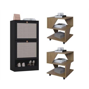 Imagem de Kit Sapateira 2 Portas E 2 Mesas De Cabeceira-centro Poquema Carvalho-preto