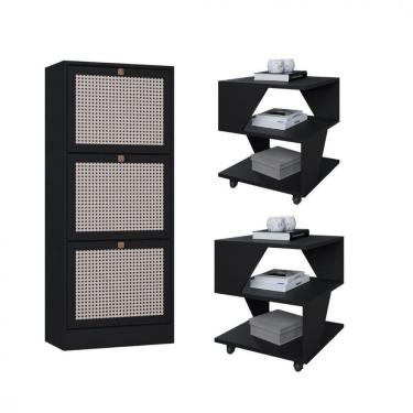 Imagem de Kit Sapateira Spin Tropical 3 Portas E 2 Mesas De Cabeceira Preto