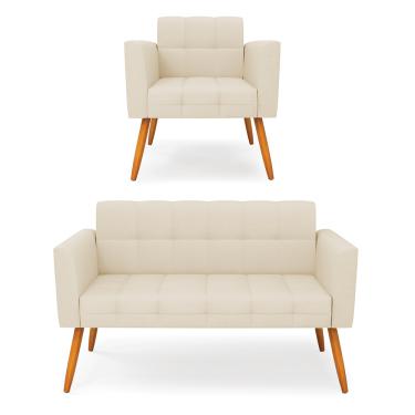 Imagem de Kit 1 Sofá Namoradeira e 1 Poltrona Elisa Linho Bege A19 Pés Palito Castanho D03 - D'Rossi
