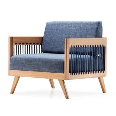 Imagem de Poltrona Com Braço Saibi Algodão Azul Madeira Cedro Corda Plana Poliéster Azul