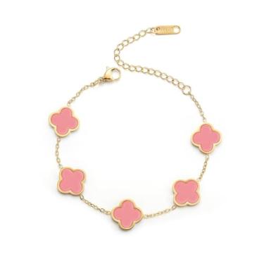 Imagem de Aurevella Pulseira feminina de trevo de quatro folhas banhado a ouro 18K, pulseira personalizada de luxo leve e leve de dupla face, presente de joias de aniversário de aniversário, 6.7in+2.0in/17cm+