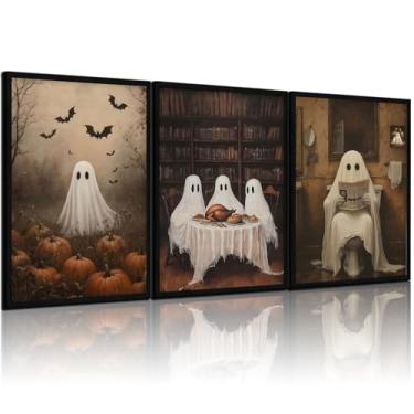 Imagem de RERNIE Conjunto de 3 arte de parede em tela fantasma de Halloween – decoração de parede de banheiro engraçada, imagens góticas, fantasmas assustadores, impressões em tela de terror Dark Academia
