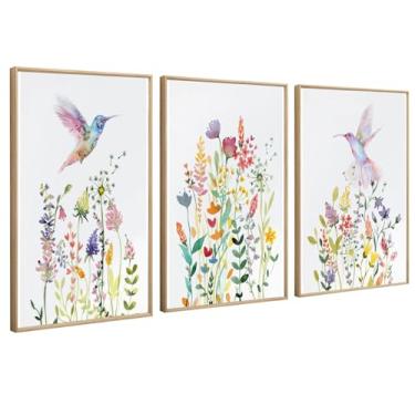 Imagem de RERNIE 3 peças pintura de parede em tela beija-flor pôster botânico impressão floral pintura natureza desenho arte para sala de estar quarto galeria decoração de casa 12x16 polegadas sem moldura