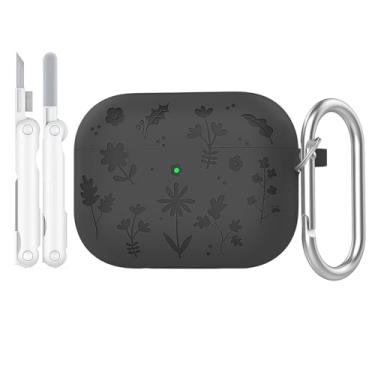 Imagem de Rertnocnf Capa compatível com AirPods 4, linda capa de flor gravada compatível com AirPod 4 2024, capa protetora à prova de choque com mosquetão e kit de limpeza de silicone macio