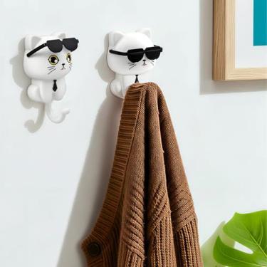 Imagem de Ganchos de parede em forma de gato, ganchos de casaco adesivos, porta-chaves, adesivo criativo para chave de gato, decoração de parede utilitária de armazenamento doméstico para pendurar chapéu, chave