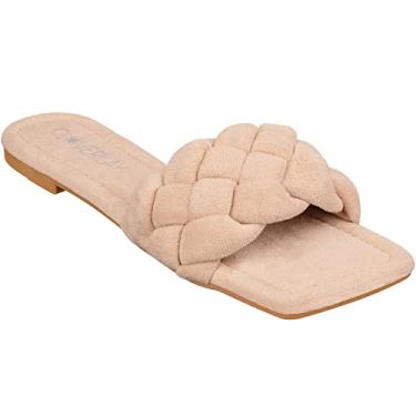 Imagem de CLOVERLAY Sandália feminina trançada, rasteira, bico quadrado, trançada, de faixa única, sem cadarço, Camurça nu, 40