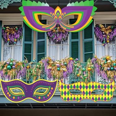 Imagem de Decorações de Mardi Gras ao ar livre - Bandeira grande de máscara suspensa de carnaval para porta de varanda carrinho de golfe decoração externa suprimentos de festa de carnaval de Nova Orleans