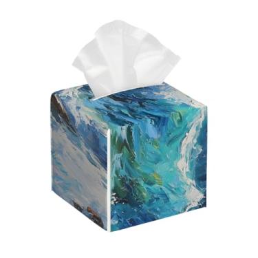 Imagem de Capa quadrada de couro para caixa de lenços de papel, impermeável, pintura oceânica, organizador de papel facial azul com cinto inferior, estojo de lenços para mesa, banheiro, escritório, mesa, carro