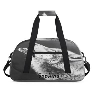 Imagem de Bolsa esportiva personalizada, lua uivando, lobo, cinza, com nome, bolsa de dormir personalizada, bolsa de fim de semana, bolsa de treino para dança, balé, academia, ginástica, mala, viagem, presente