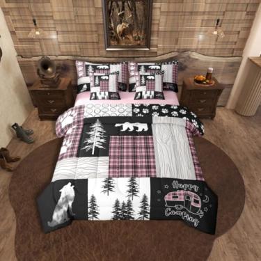 Imagem de Erosebridal Conjunto de cama King rústico com urso, cabana de caça de lobo, bosque, conjunto de edredom com lençóis, colcha xadrez xadrez rosa preta e xadrez, decoração de acampamento, trailer, cama