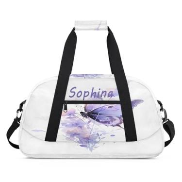 Imagem de Bolsa esportiva personalizada flor borboleta roxa com nome bolsa personalizada para dormir bolsa de fim de semana, bolsa de treino para dança, balé, academia, ginástica, mala, viagem, presente