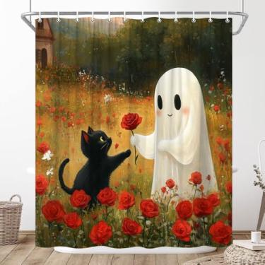 Imagem de Cortina de chuveiro para dia dos namorados, fantasma e gato, cena floral de rosa vermelha caprichosa com design amigável assustador engraçado animais de fazenda aquarela flor decoração de banheiro