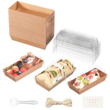 Imagem de FZJ 100 caixas pequenas de charcutaria com tampas e garfos transparentes - To Go Caixa de charcutaria retangular de papel, recipientes descartáveis para alimentos, caixas de sobremesa de 17 cm para