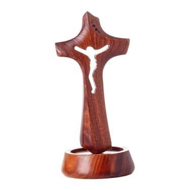 Imagem de Ioensy Estátua de Jesus na Cruz, Ornamento de Mesa, Crucifixo Portátil Decorativo de Madeira, Estatueta de Jesus para Escritório, Corredor ou Sala de Estar, S