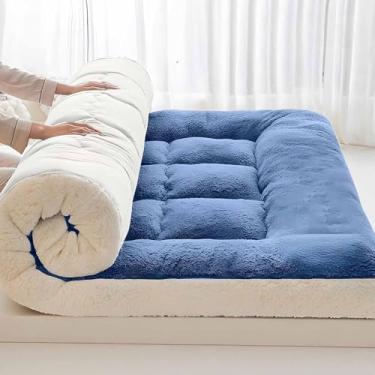 Imagem de Yadlan Futon tradicional japonês – Tapete de tatame dobrável de 10 cm de espessura para spa, meditação de ioga, cama de hóspedes e cochilo de crianças (tamanho casal) azul 200 x 220 cm