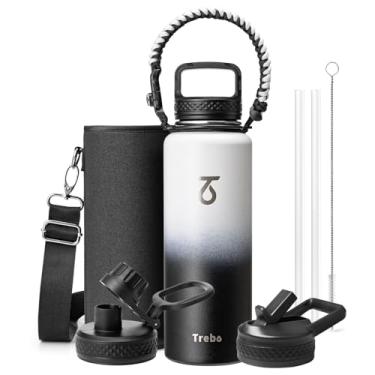 Imagem de Trebo Garrafa de água de 1,134 g com alça de paracord, jarro de água isolado de aço inoxidável de parede dupla grande de meio galão com alça de suporte e tampas de bico de palha, à prova de vazamento