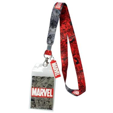 Imagem de Bioworld Suporte de crachá de identificação com cordão Marvel, pingente de borracha de 5 cm com escrita elevada e estampa vintage de quadrinhos de dois lados