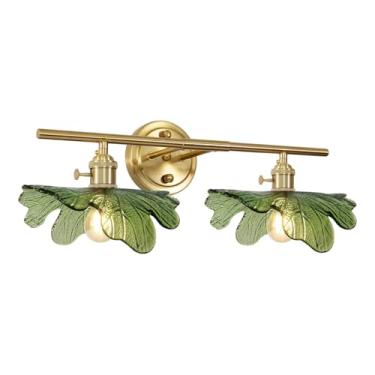 Imagem de Auwieou 2 luzes de banheiro sobre o espelho, arandelas de parede douradas com sombra de vidro verde arandela de banheiro de meados do século luminária de parede vintage para porta de cabeceira e