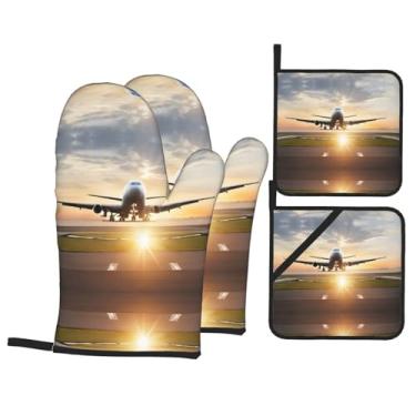 Imagem de Avião - Conjunto de luvas de cozinha estampadas com suportes de tampa, luvas de forno resistentes ao calor para manusear panelas quentes, grelhar, churrascos, kit de 4 peças.