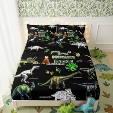 Imagem de QOOMO Jogo de lençol infantil de dinossauro jurássico, estampa de plantas de animais, leve para todas as estações, preto para decoração de quarto, 1 lençol com elástico, 1 lençol de cima, 2 fronhas