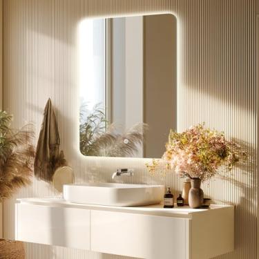 Imagem de Inbenioso Espelho retroiluminado de LED de 91 cm x 61 cm para banheiro espelho retangular sem moldura com cantos arredondados claros, à prova de estilhaçamento, regulável, espelho inteligente, luzes