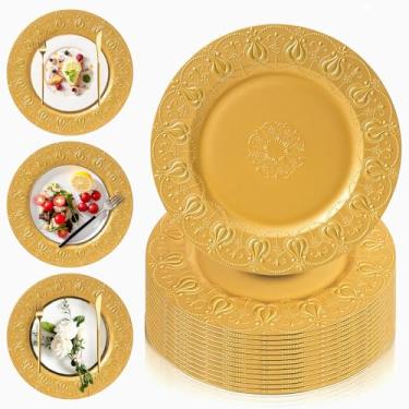 Imagem de PROY 100 peças de placas de carregamento douradas, carregadores de pratos redondos dourados premium para prato de jantar, carregadores de mesa para mesa, casamento